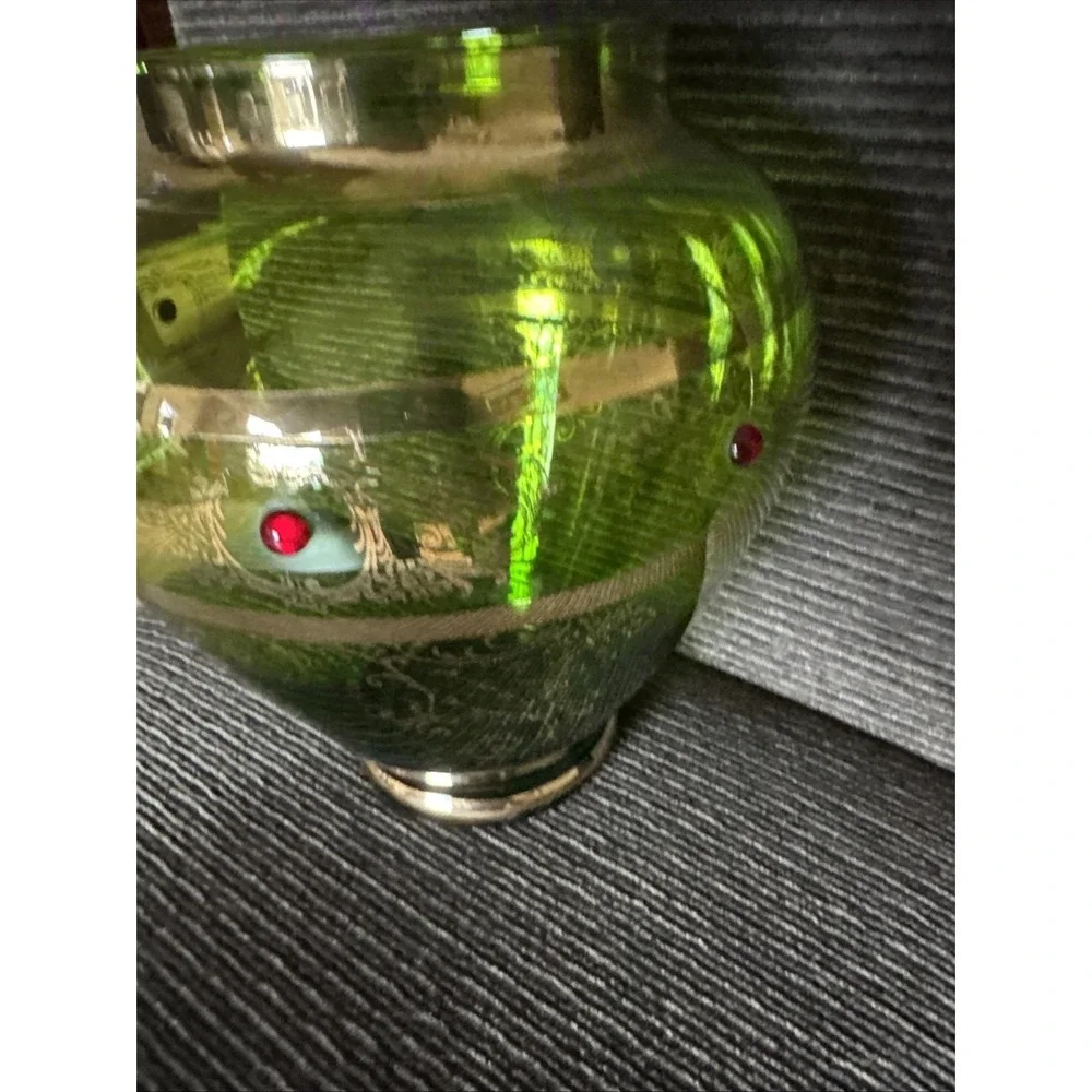 Antique Bohemian Green Glass Vase Gold‎ Gilt & Red Cabochon Jeweled Art Glass 8